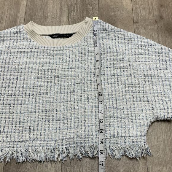 Zara Woman Tweed Crewneck Frayed Hem Crop Top Metallic Sweater - Picture 4 of 5